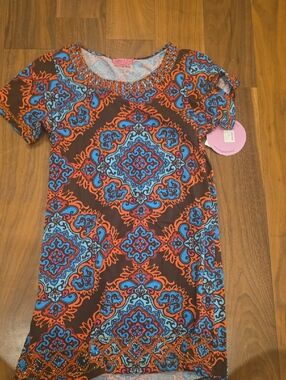 Bright Blue & Orange Printed Short Sleeve Dress by LuLaRoe